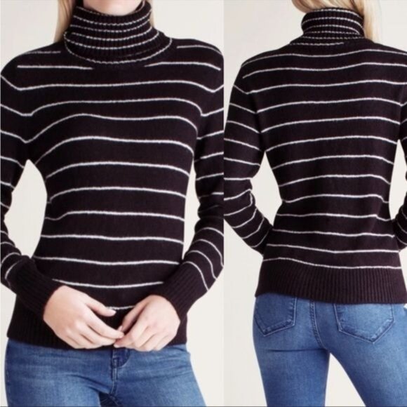 Kensie Soft Fuzzy Black & White Striped Turtleneck Sweater Large NWT - Picture 2 of 7